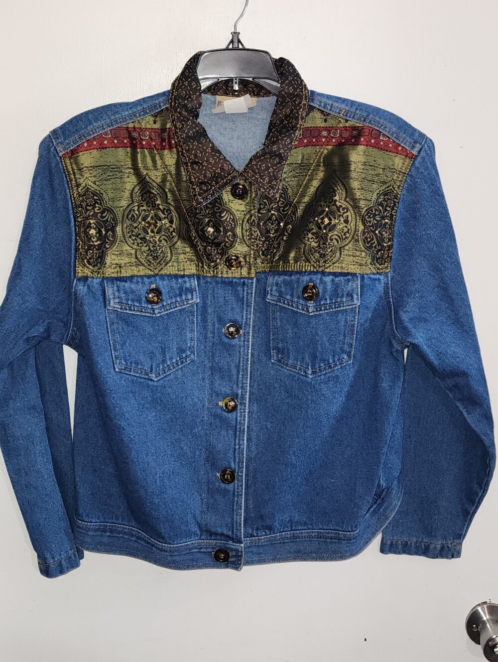 Vintage Denim Jacket with Olive Patterned Yoke Patchwork Tapestry